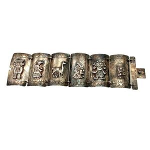 Vintage Peruvian Sterling Silver Panel Storyteller Bracelet 925 Signed AS 69g